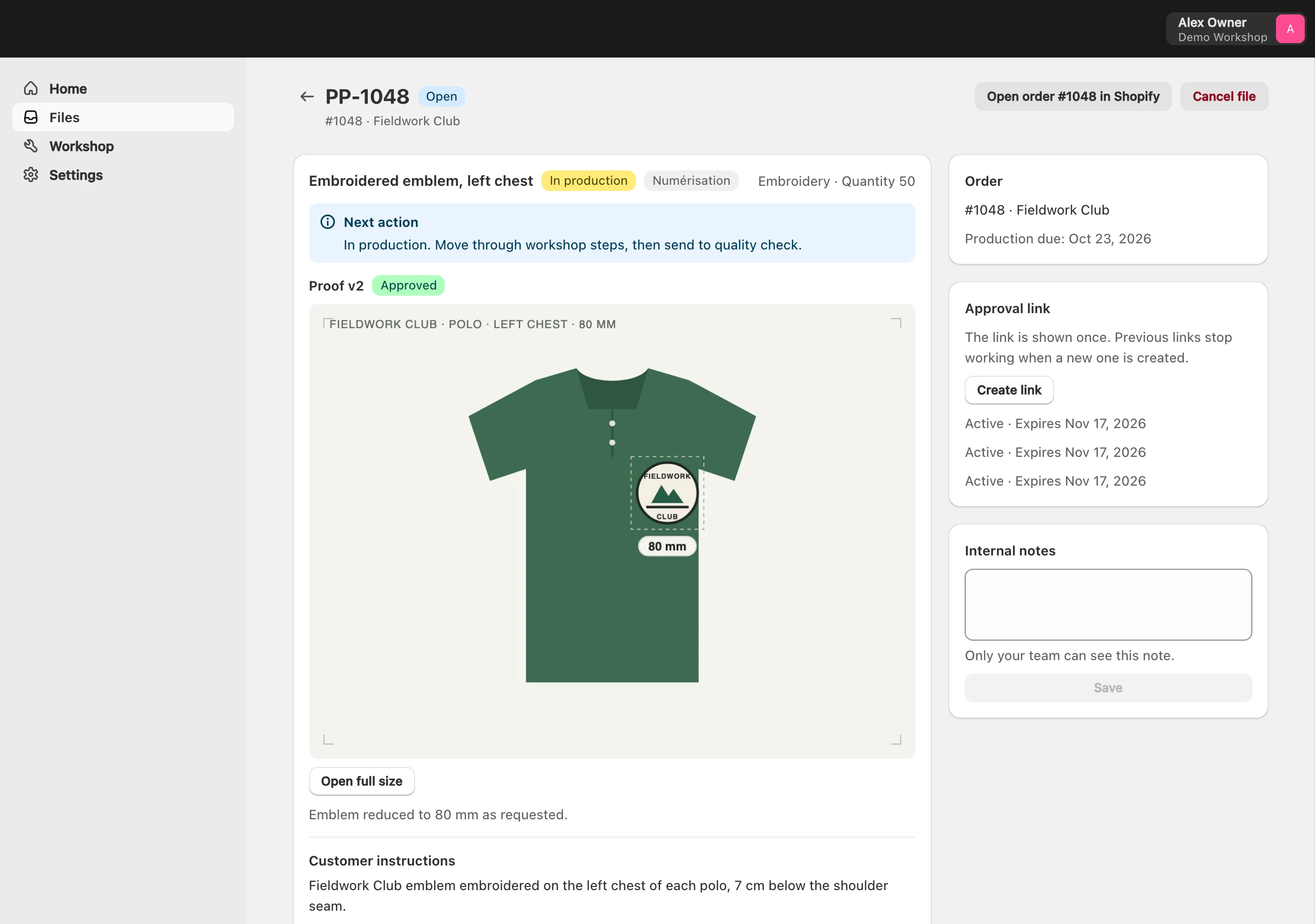 The same file after starting: status In production, workshop step, history updated.