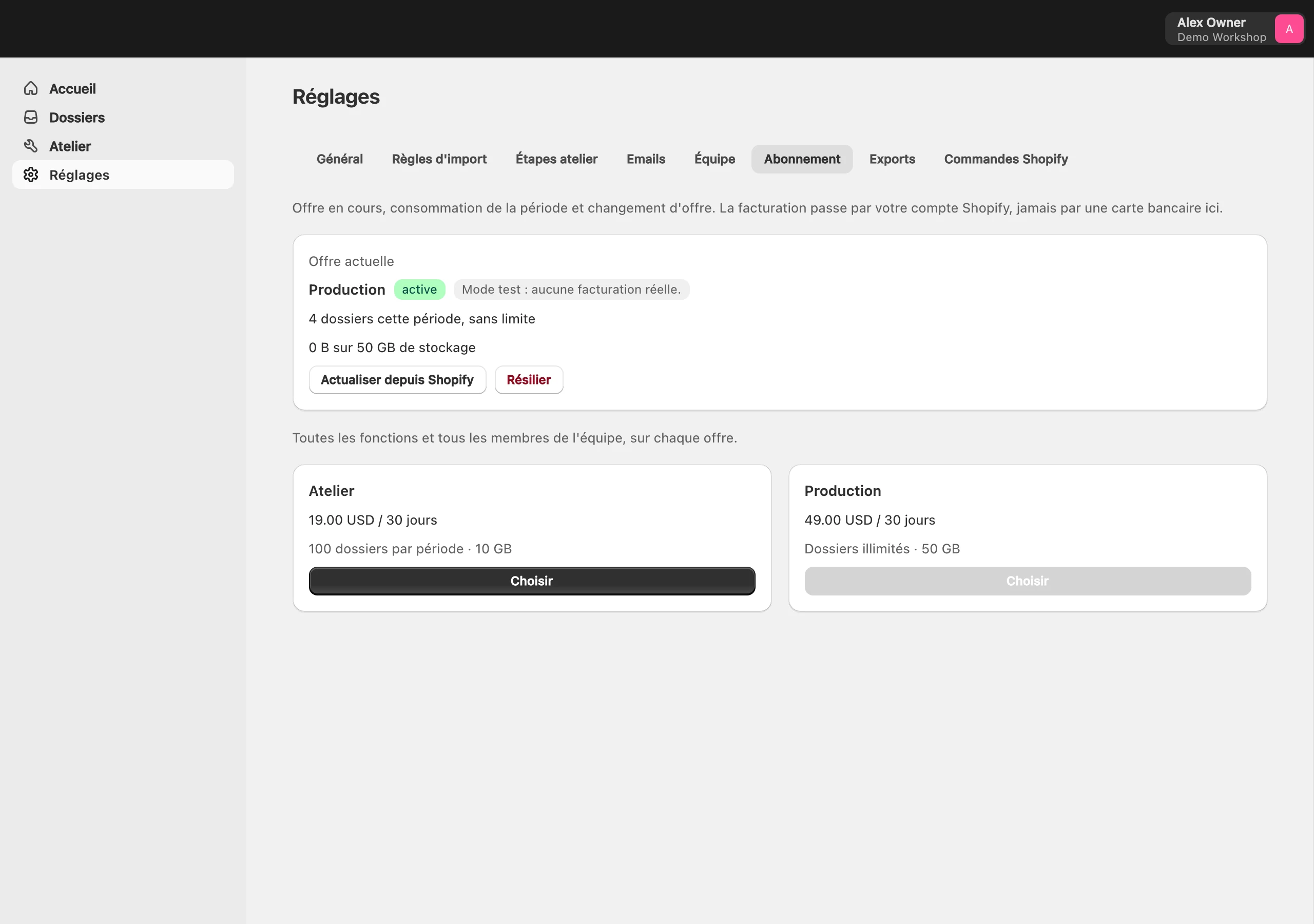 Réglages de l'admin, onglet Abonnement : offre Production active en mode test, dossiers créés sur la période, stockage utilisé, les deux offres avec leur prix et leurs volumes, boutons Actualiser depuis Shopify et Résilier.